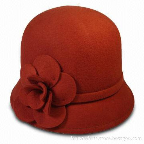 Women's Wool Felt Mini Cloche Hat with Self Band and Flower Trim, Fashion for Winter